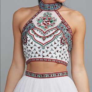 Embroidered-Top Two-Piece Long Halter Prom Dress